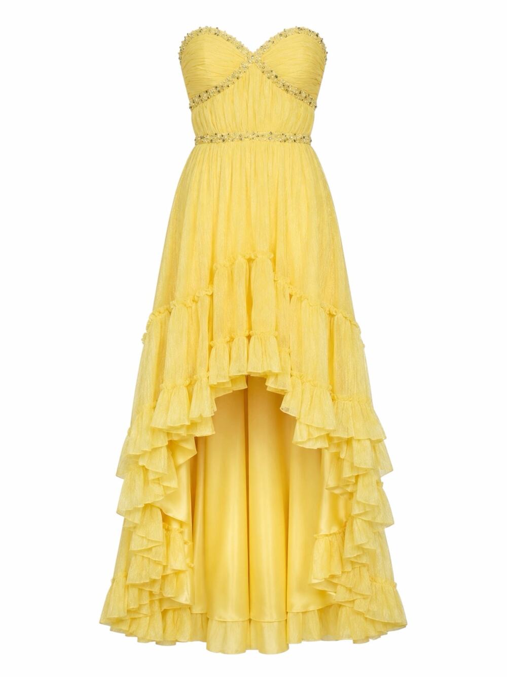 Mac Duggal Strapless Chiffon Hi Low Evening Gown Lemon Yellow Size 14